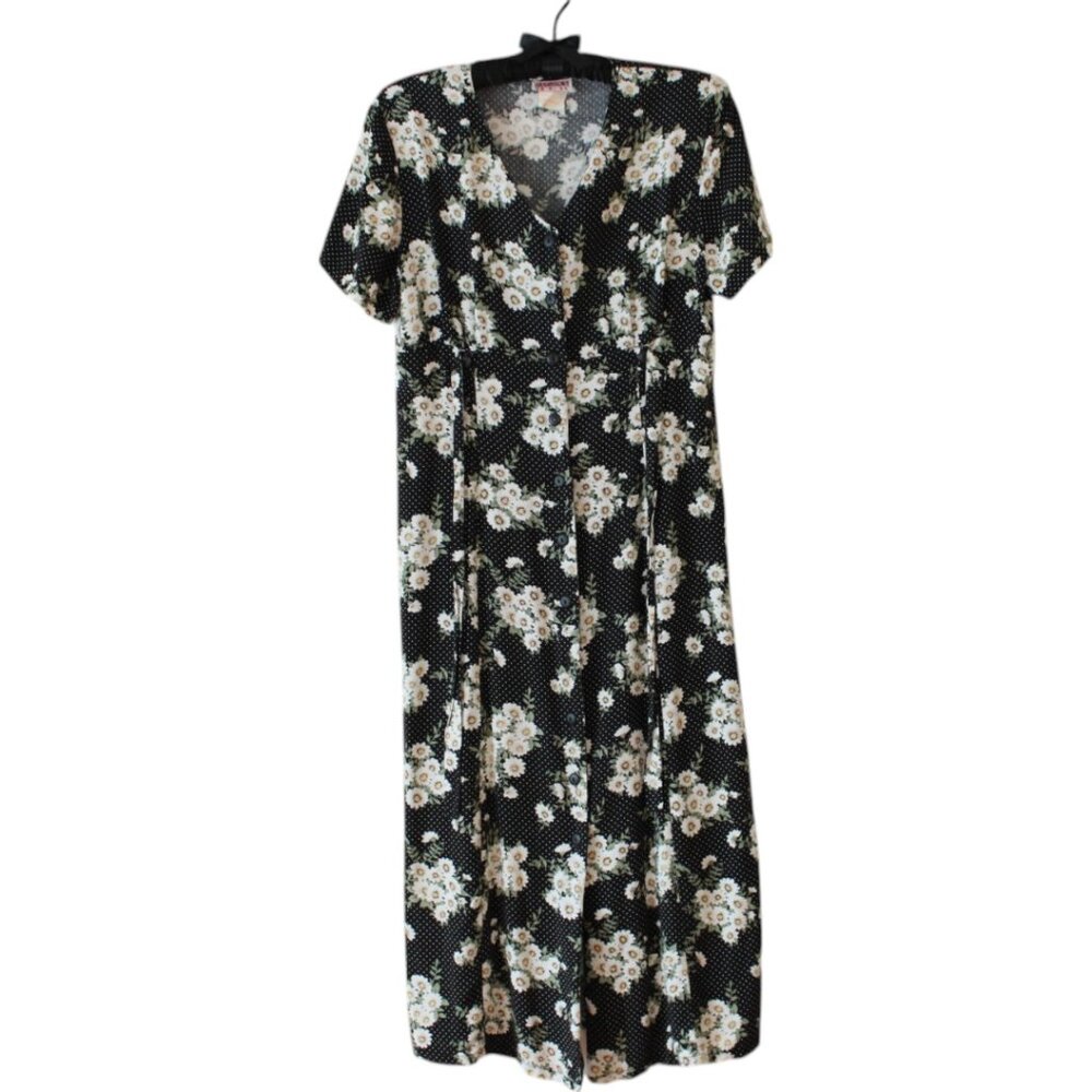 Vintage Black Maxi Dress with White Floral Print and Green Leaves - Picture 5 of 8